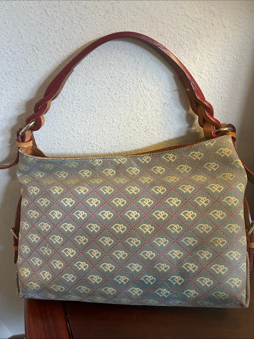 Women’s Shoulder Bag in Blue and Tan with Patterned Monogram